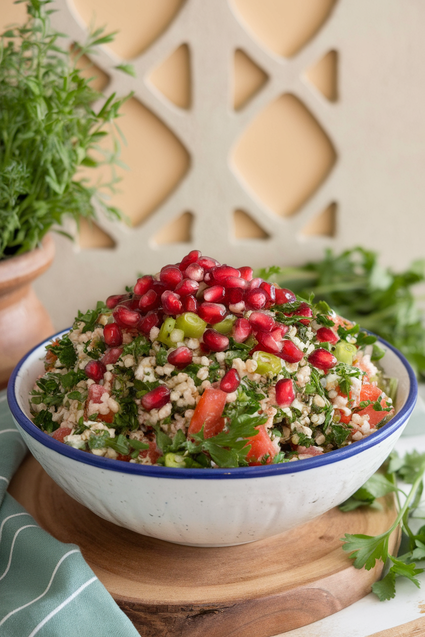 Photo of tabbouleh sprinkled generously with pomegranate arils in a bowl indoors; no text or logos.