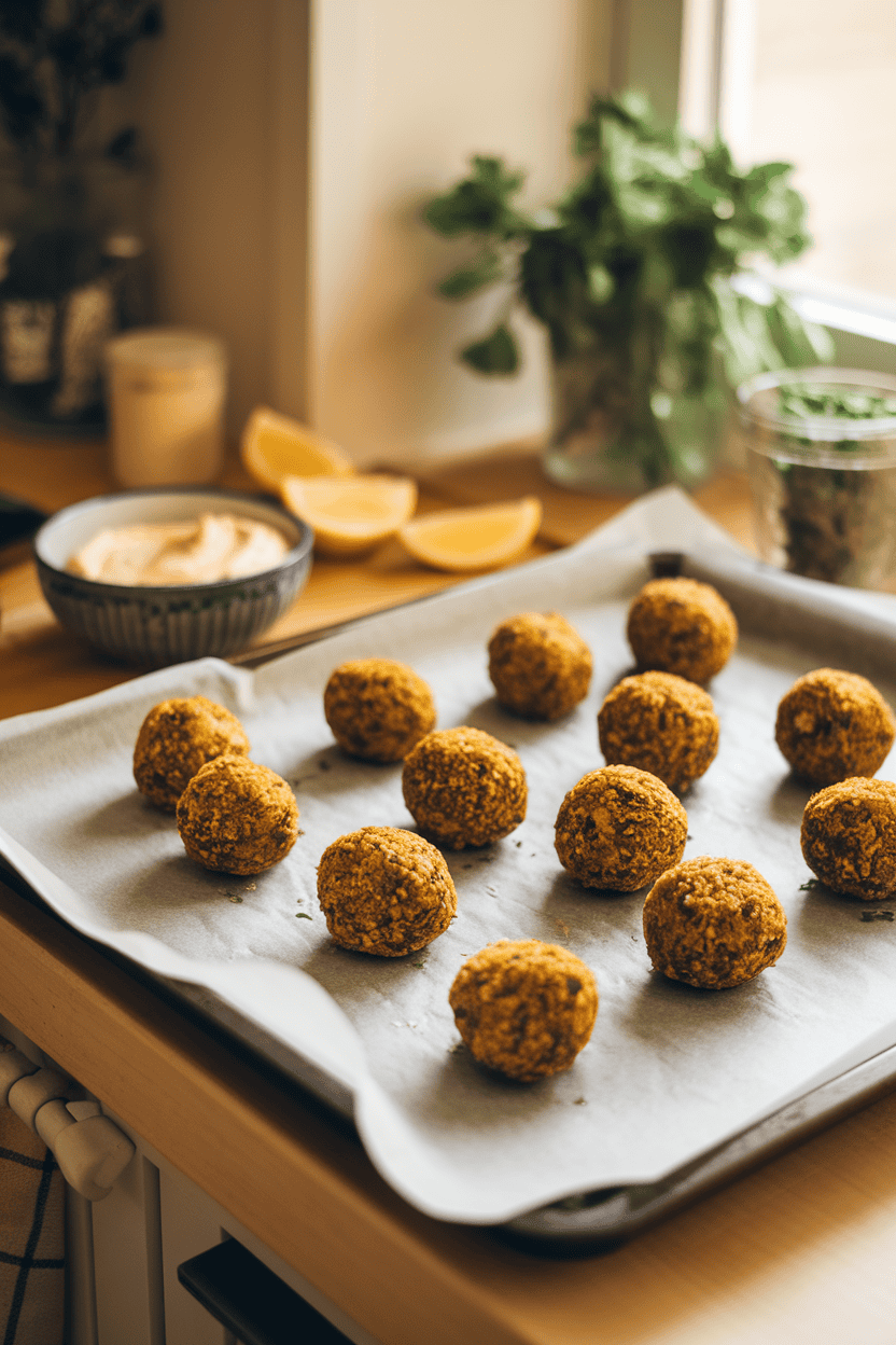 Cozy indoor counter with a baking sheet lined in parchment holding golden baked falafel balls, a small bowl of hummus nearby. No logos or text. Photo, not illustration.