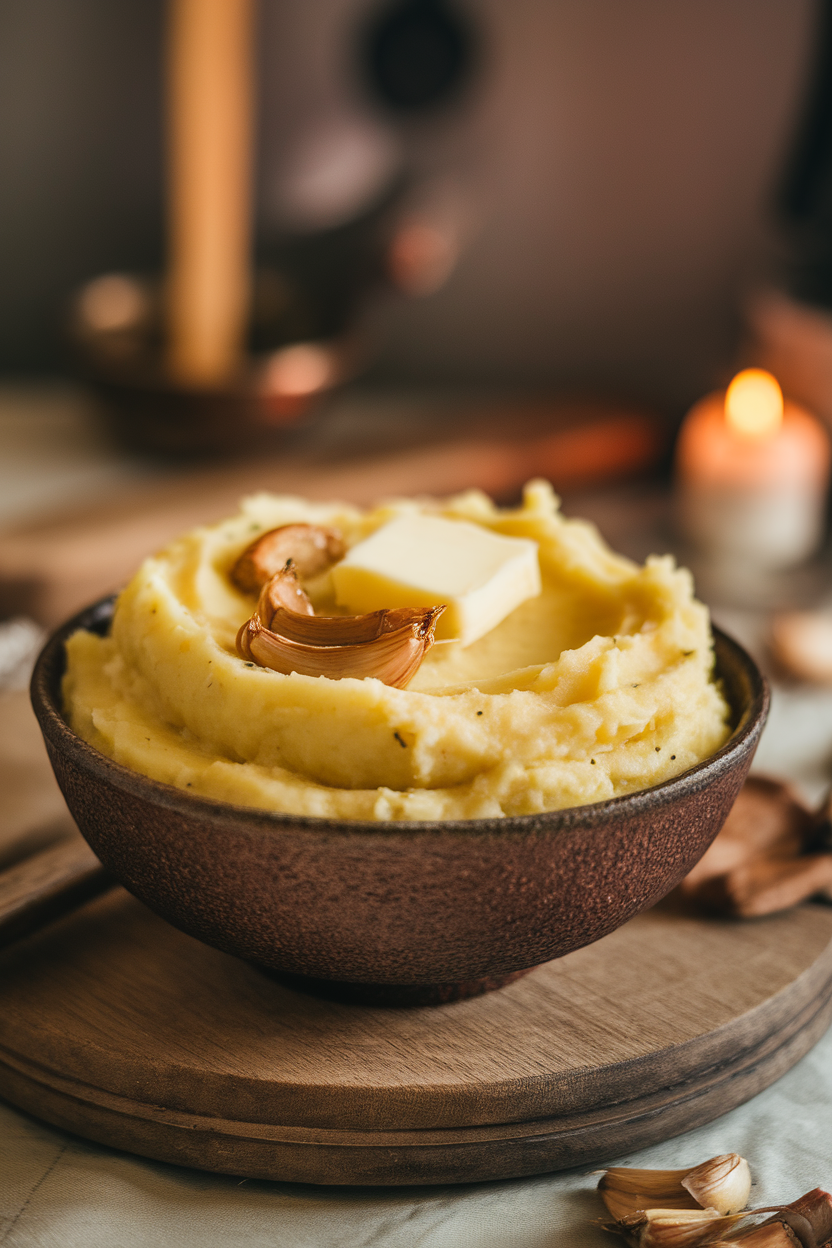 A rustic bowl of creamy mashed potatoes with roasted garlic cloves folded in, butter melting on top, indoors. No text or logos. Photo.