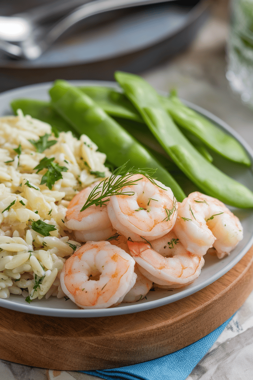 Indoor photo of cooked lemon-dill shrimp, chilled orzo salad with parsley, and fresh snap peas; no text or logos.