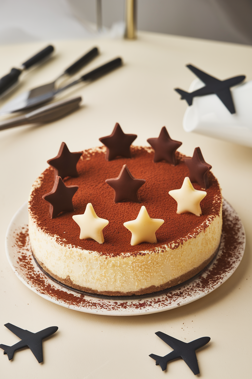 A classic New York cheesecake indoors topped with dark-chocolate stars and dusted with cocoa powder silhouettes of airplanes. No text or logos, photo only.