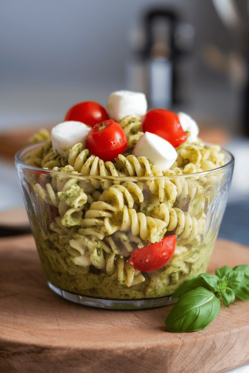 Photo of fusilli pasta salad coated in green pesto with cherry tomatoes and mozzarella pearls in a glass bowl indoors. No logos or text shown.