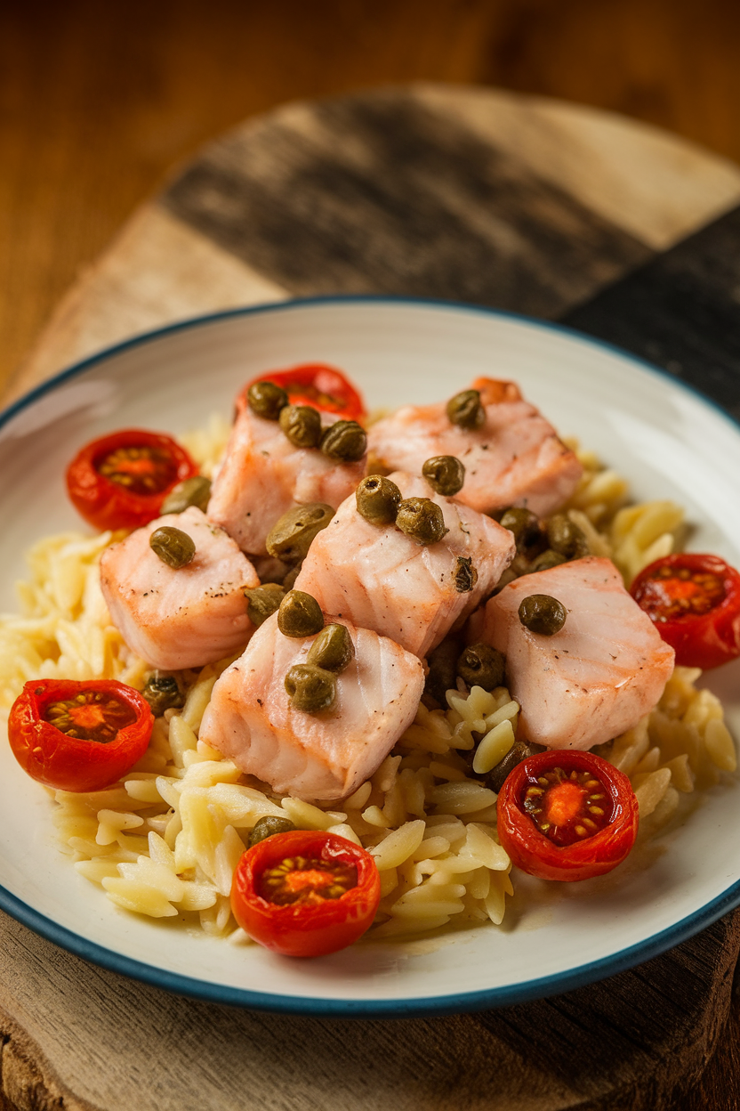 Indoor shot of cooked swordfish cubes with capers over orzo, garnished with roasted cherry tomatoes. No text or logos.