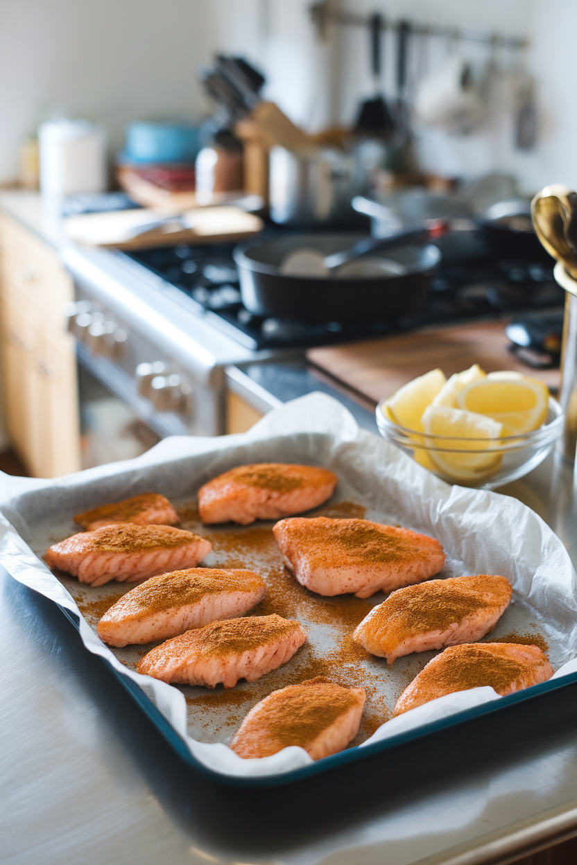 Indoor kitchen counter with a parchment-lined tray of cooked catfish fillets dusted in Creole spices and lemon wedges on the side, no text or logos. Photo.