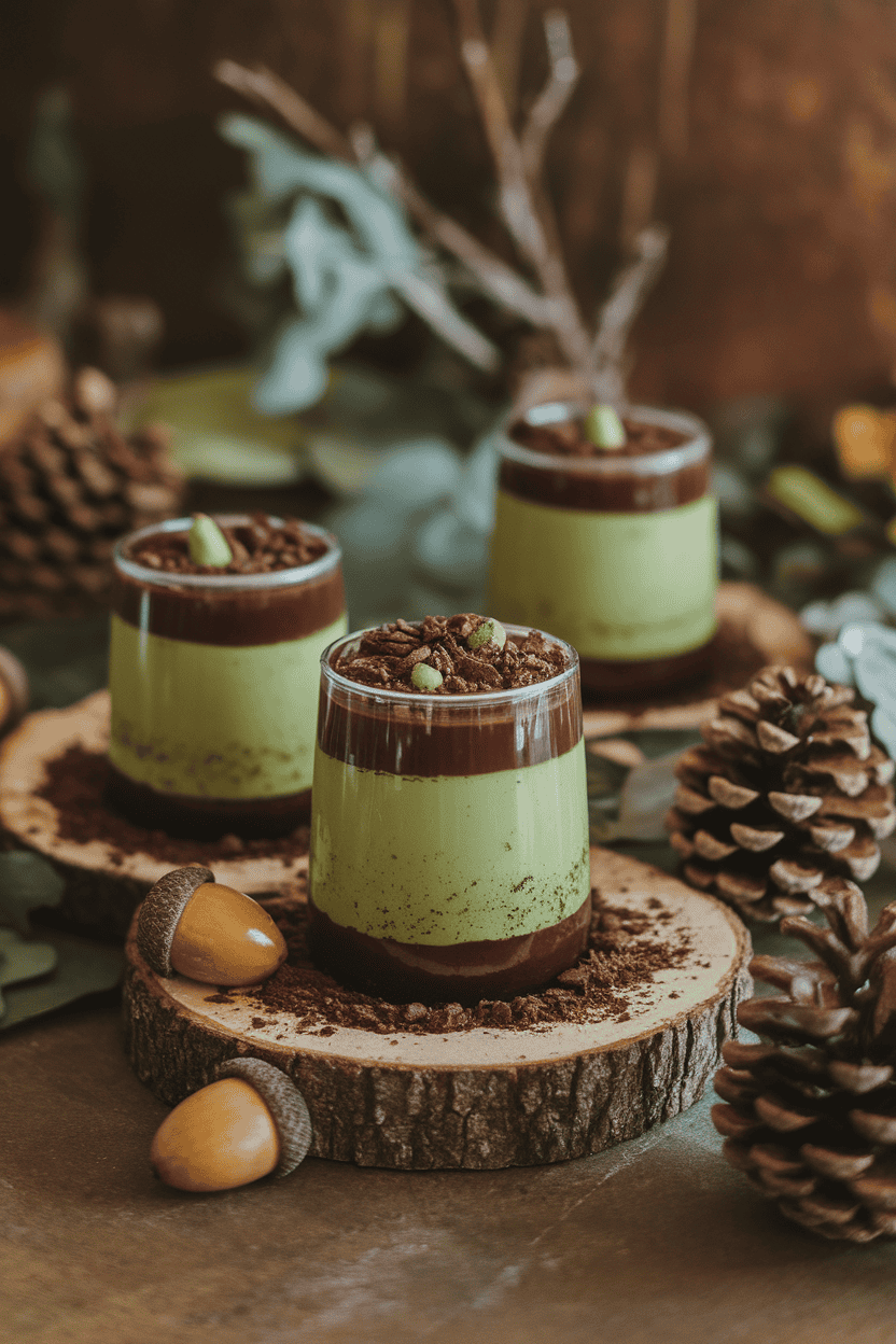 Indoor woodland-themed table showing layered green matcha and dark chocolate jello shots topped with crushed cookie “soil,” no logos