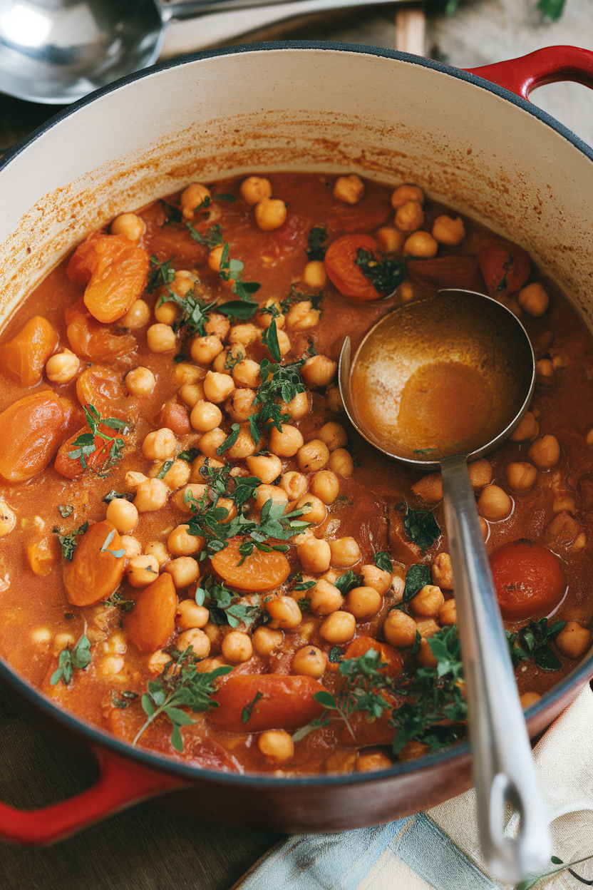 An indoor Dutch oven filled with chunky tomato-based chickpea stew dotted with apricots and herbs, ladle resting nearby. No text or logos.