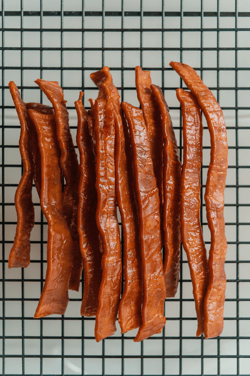 Indoor photo of thin turkey jerky strips with a glossy teriyaki sheen on a wire rack. No text or logos.