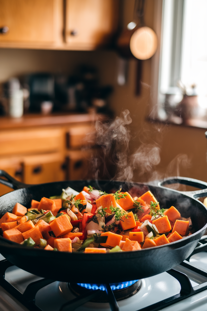 A cast-iron skillet on an indoor stovetop filled with golden sweet potato cubes, bell peppers, onions, and herbs, steam rising gently. Photo only, no text or logos.