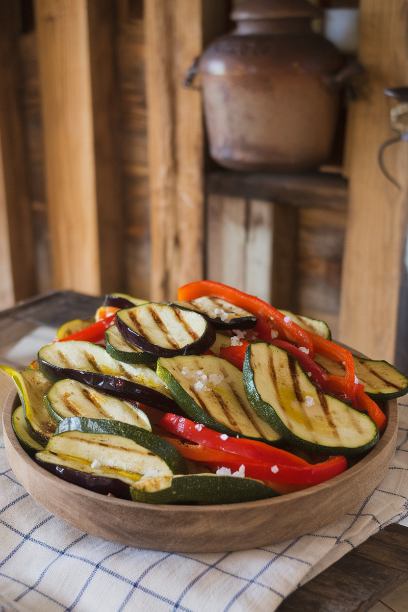 Photo, indoor dish with grilled zucchini, eggplant, and bell pepper ribbons lightly dressed in olive oil; no text or logos.