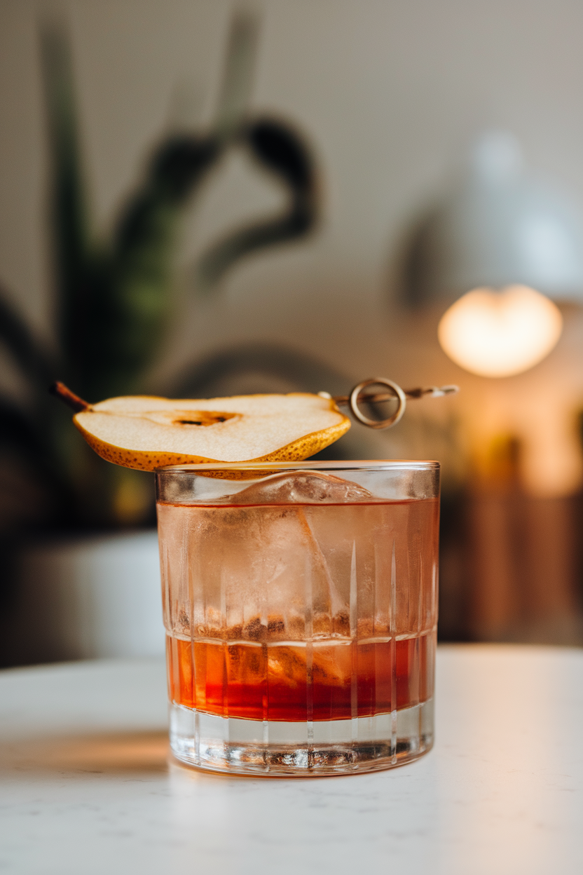 Photo of a rocks glass indoors, containing a translucent amber spiced pear Negroni with a dehydrated pear slice resting on the surface. No text or logos.