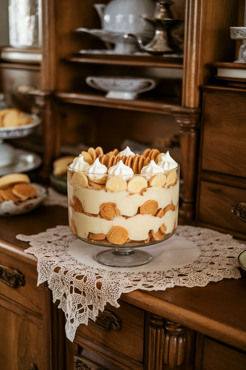 Indoor dessert sideboard with a trifle dish full of banana pudding, vanilla wafer rings lining the glass, whipped cream peaks on top. No text or logos.