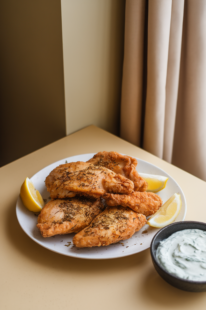 Indoor table with fried chicken breasts sprinkled with dried oregano and served with lemon wedges and tzatziki, photo only, no text or logos