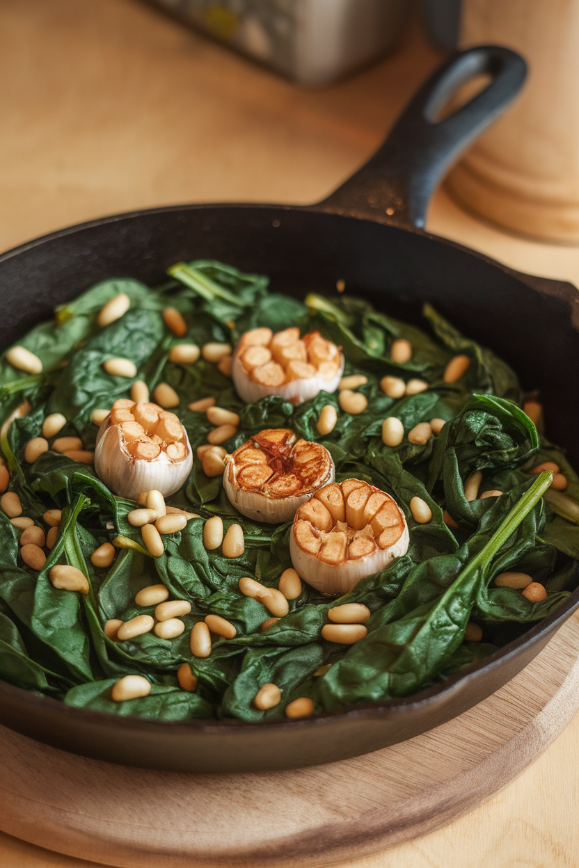 Indoor photo of wilted spinach with golden roasted garlic cloves and pine nuts in a skillet; warm ambient light, no text or logos.