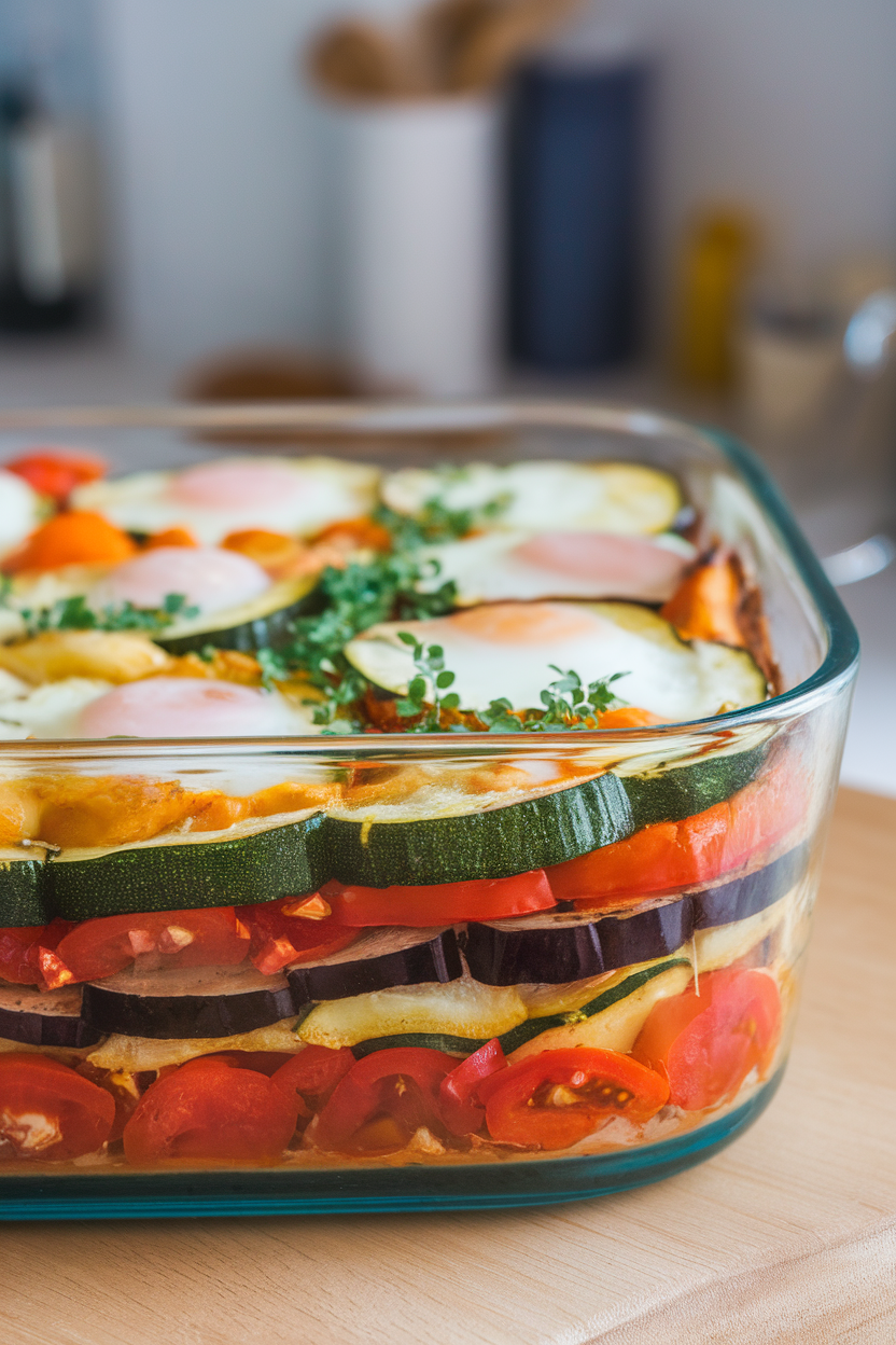 Indoor photo of a casserole dish showing baked layers of zucchini, eggplant, tomatoes, and cracked eggs set on top. No text or logos.