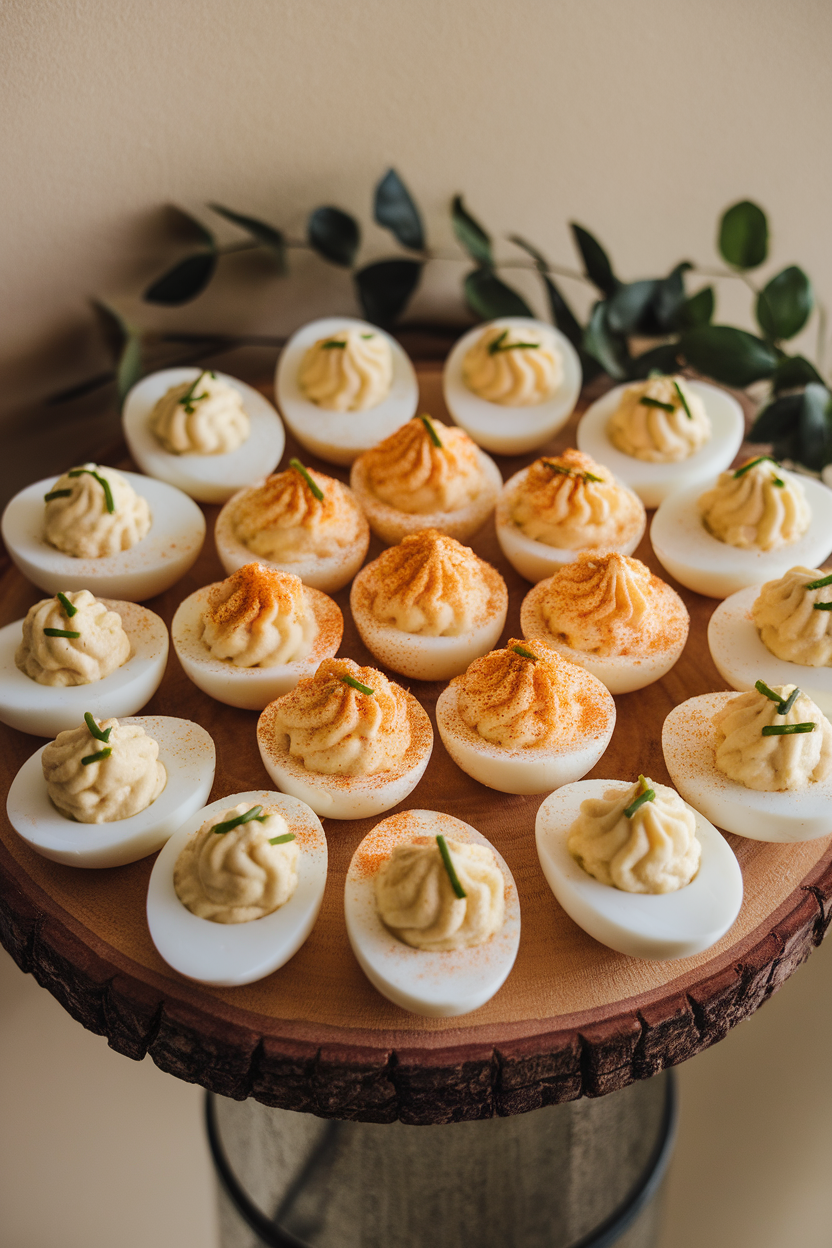 Indoor platter of deviled eggs in three styles—classic, paprika, and chive—no text or logos. Photo.
