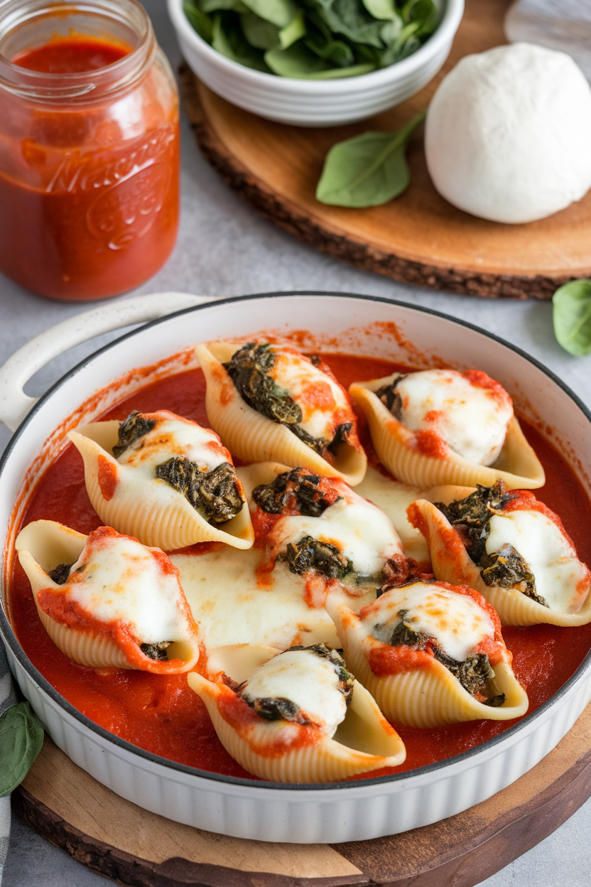 Indoor photo of jumbo pasta shells stuffed with spinach-ricotta filling, nestled in marinara and topped with melted mozzarella. No logos or text.