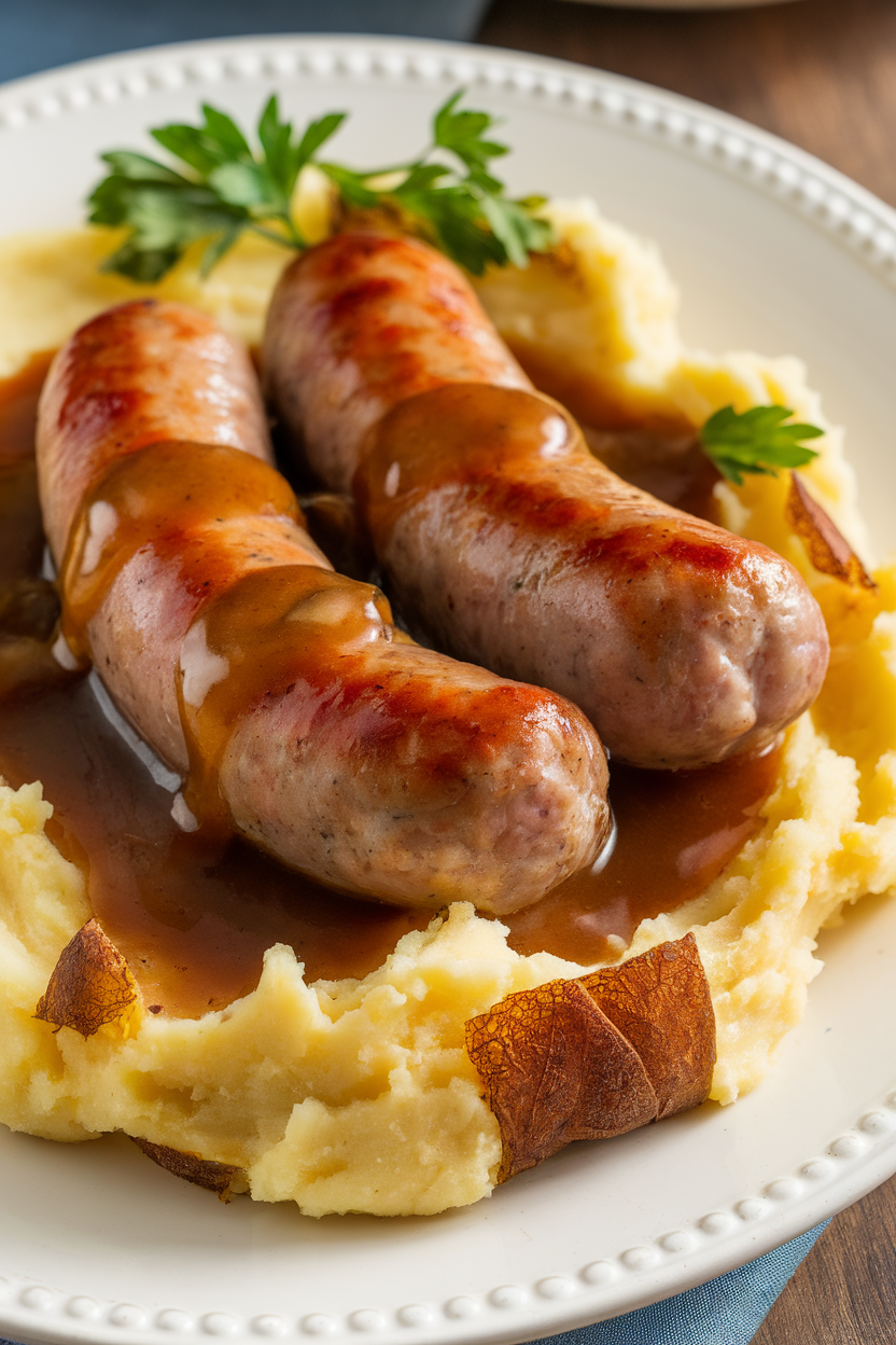 Indoor photo of plump sausages over buttery mashed potatoes with onion gravy drizzled, no text or logos. Photo only.
