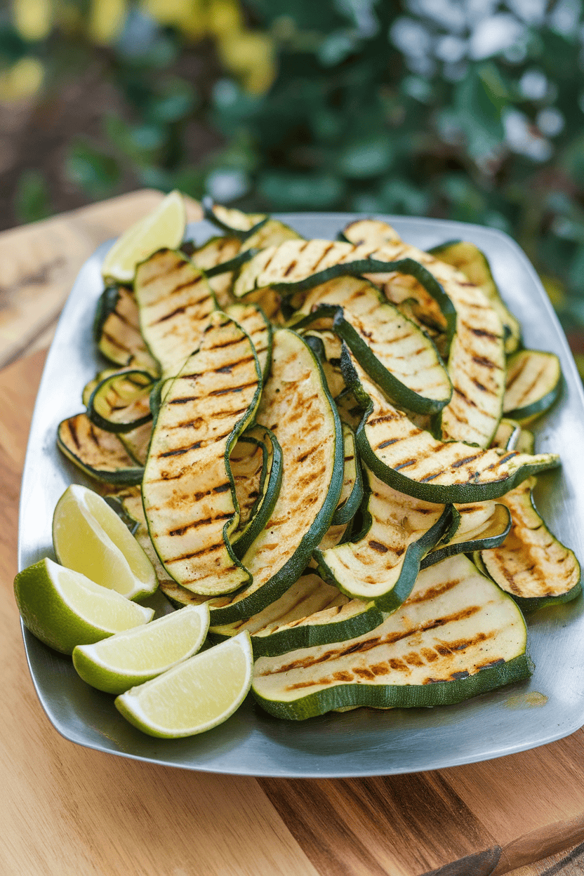 Indoor serving platter of grilled zucchini ribbons with visible char marks and lime wedges, no branding