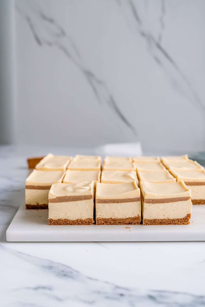 Indoor marble slab with layered cheesecake bars: gingersnap crust and creamy top, cut into neat rectangles. No text or logos. Photo, not illustration.