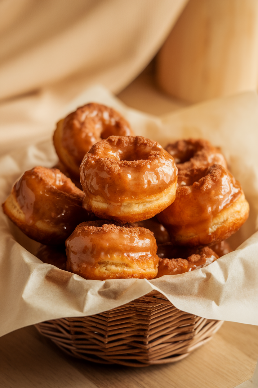 A warm indoor basket lined with parchment, holding glazed apple cider donut holes under soft kitchen lighting. Photo only, no text or logos.