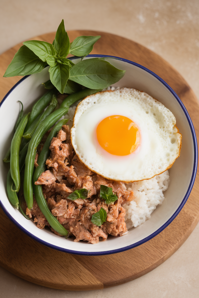 Indoor photo of a bowl featuring jasmine rice, Thai basil turkey mince, green beans, and a fried egg with soft yolk. No text or logos present.