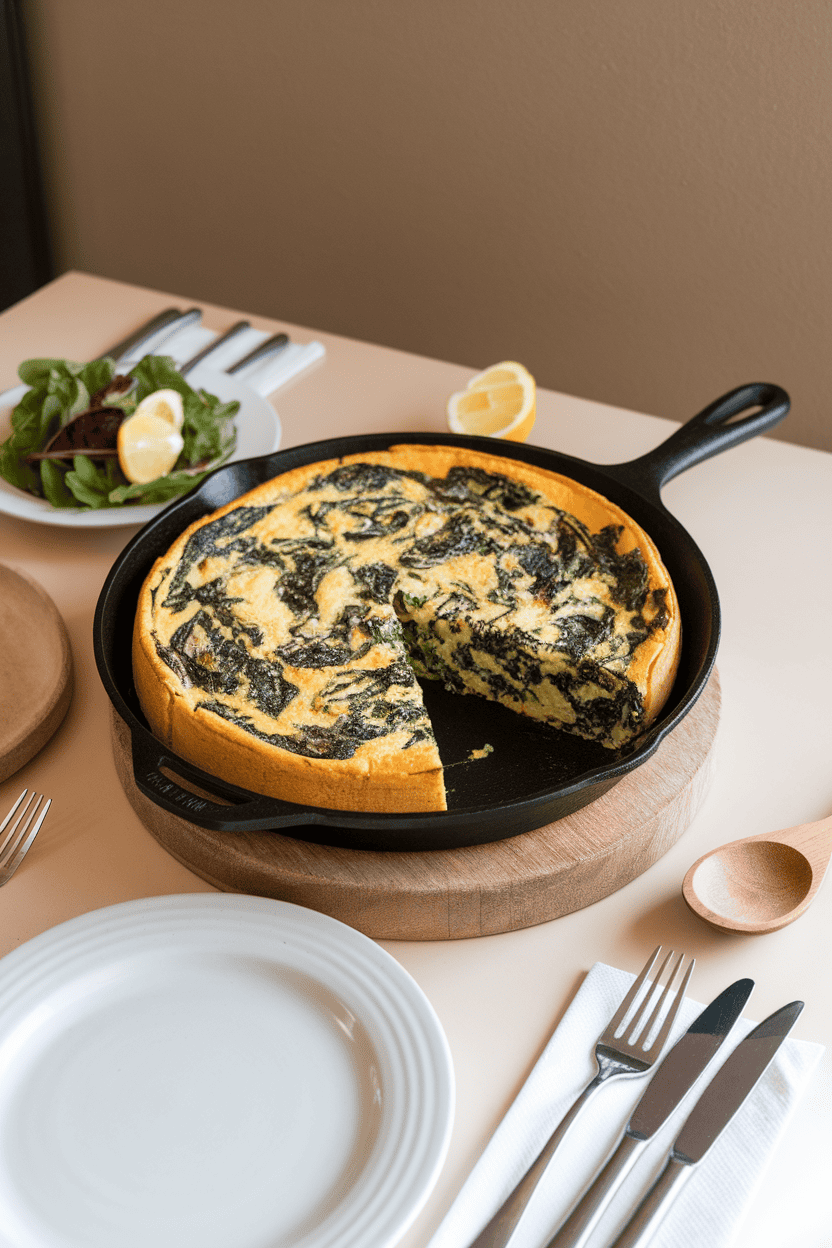 Indoor brunch table displaying a cast-iron skillet holding a sliced spinach and feta frittata, edges slightly puffed, with a simple side salad nearby. No text or logos. Photo, not illustration.