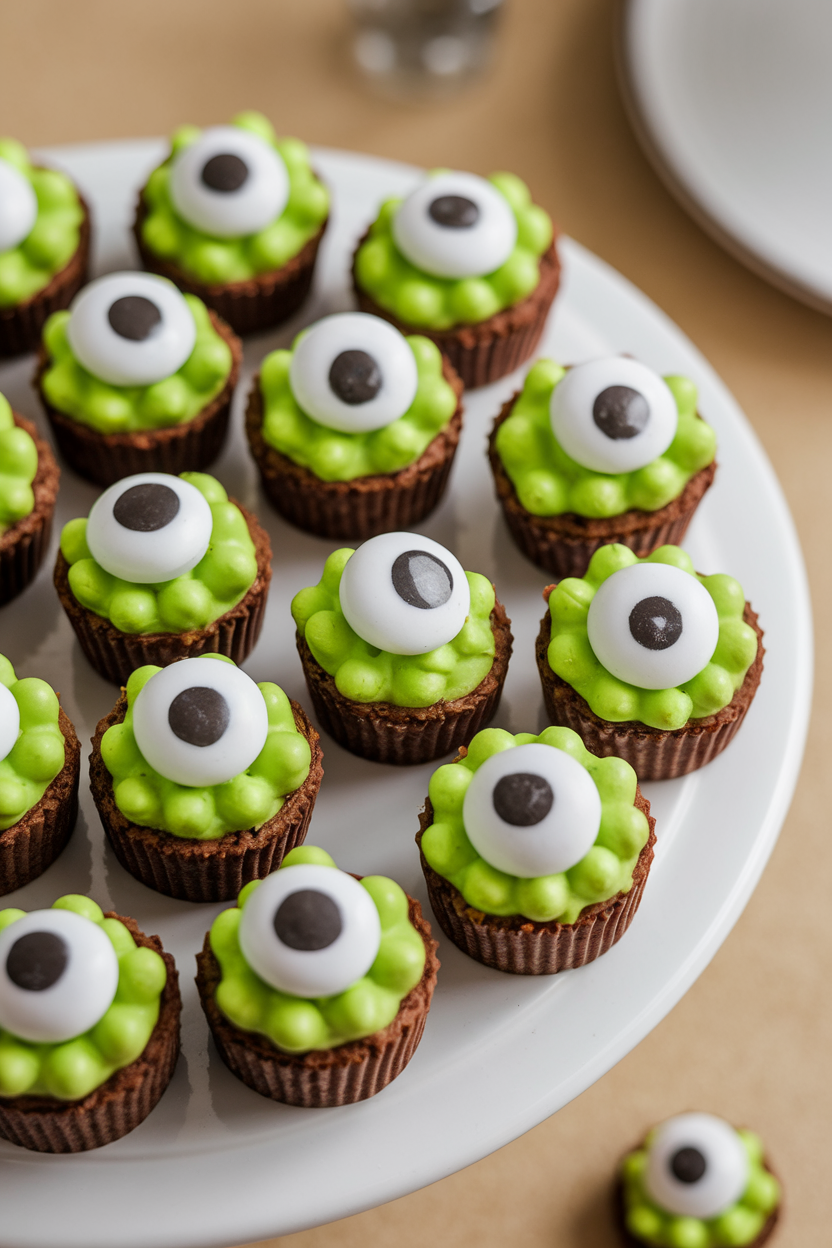 Indoor close-up of mini brownie bites topped with bright green frosting and large candy eyes, arranged on a white platter; soft diffused light, no text or logos