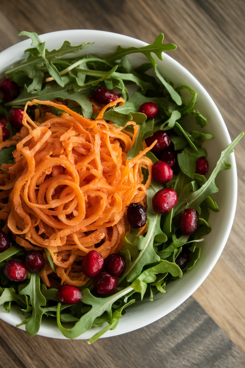Photo of an indoor salad bowl featuring sweet potato noodles tossed with arugula and cranberries; no text or logos