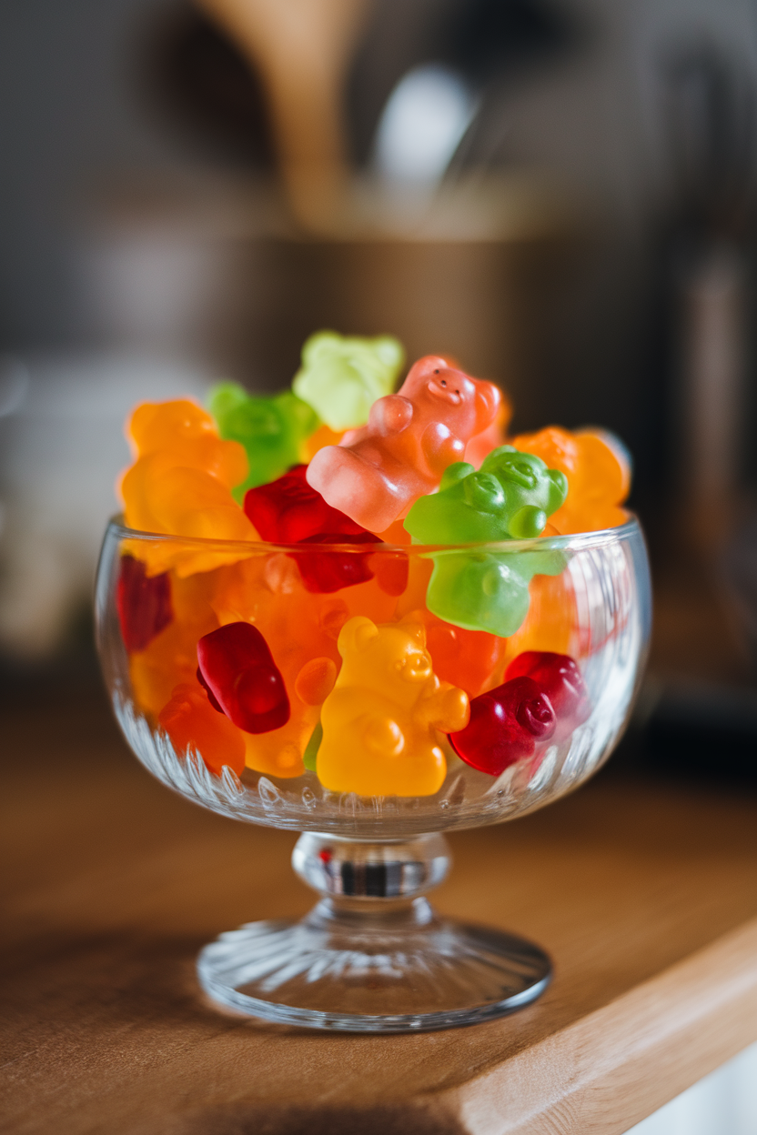 Photo of indoor glass bowl filled with assorted fruit gummy bears, translucent colors, no logos