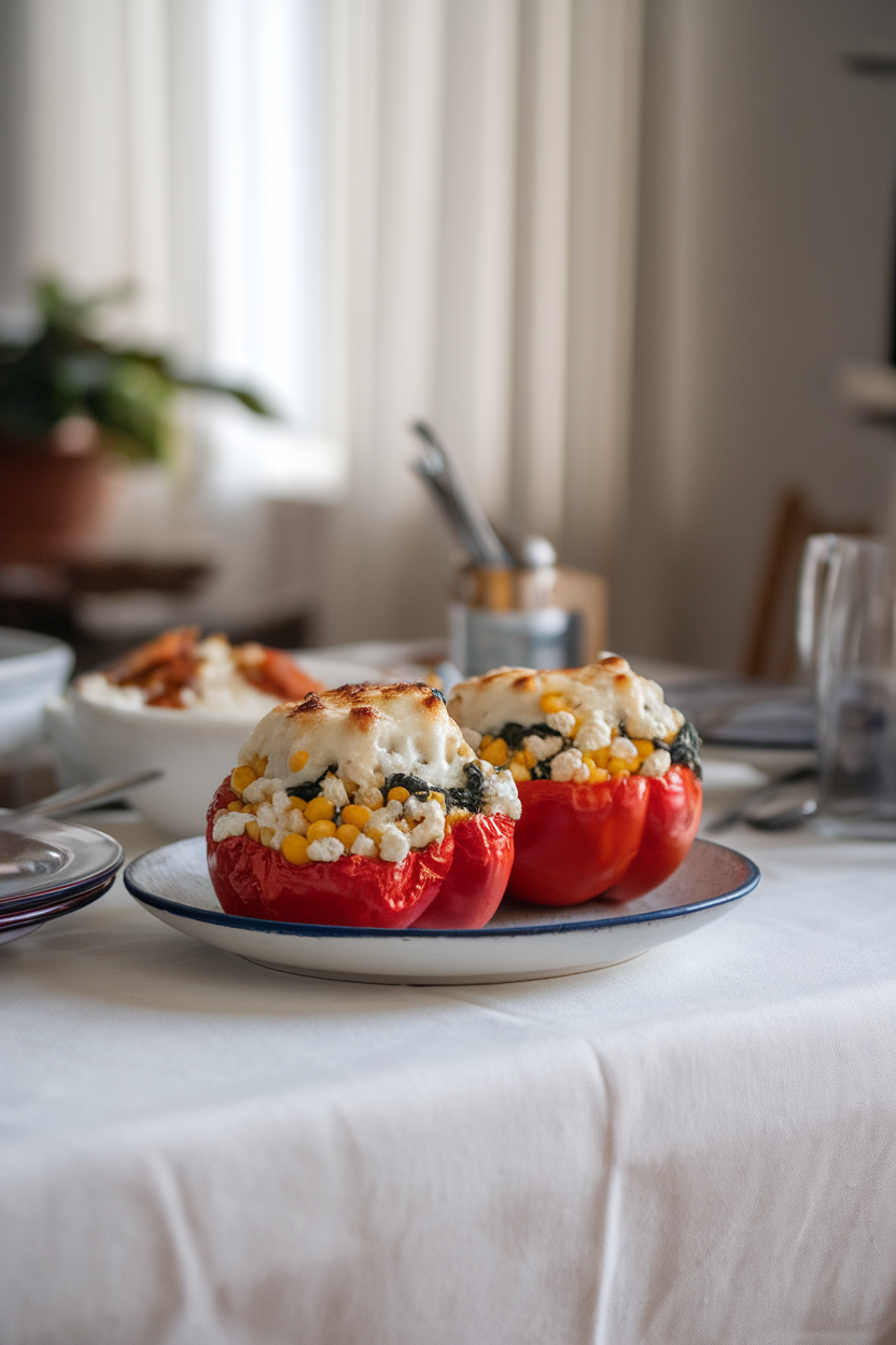 An indoor dining table showing two roasted bell peppers stuffed with cottage cheese, corn, and chopped spinach, cheese slightly browned on top. No logos anywhere in the frame; photo only.