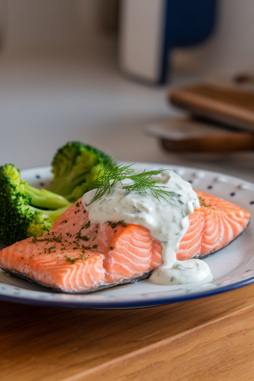 Indoor photo of a steamed salmon fillet topped with creamy lemon-dill yogurt sauce, served on a white plate with a side of steamed broccoli. No text or logos.