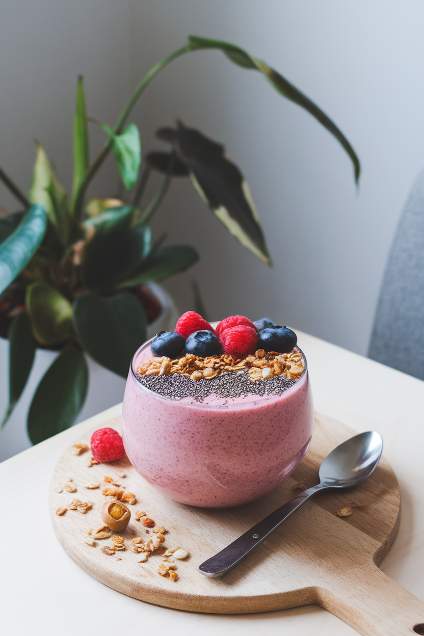 An indoor breakfast table with a thick pink smoothie bowl topped with fresh berries, granola, and chia seeds. No text or logos; photo only.
