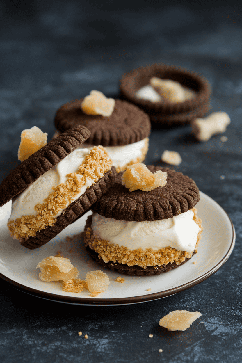 Indoor photo of dark ginger cookies sandwiching vanilla ice cream, edges rolled in crushed candied ginger, no text or logos
