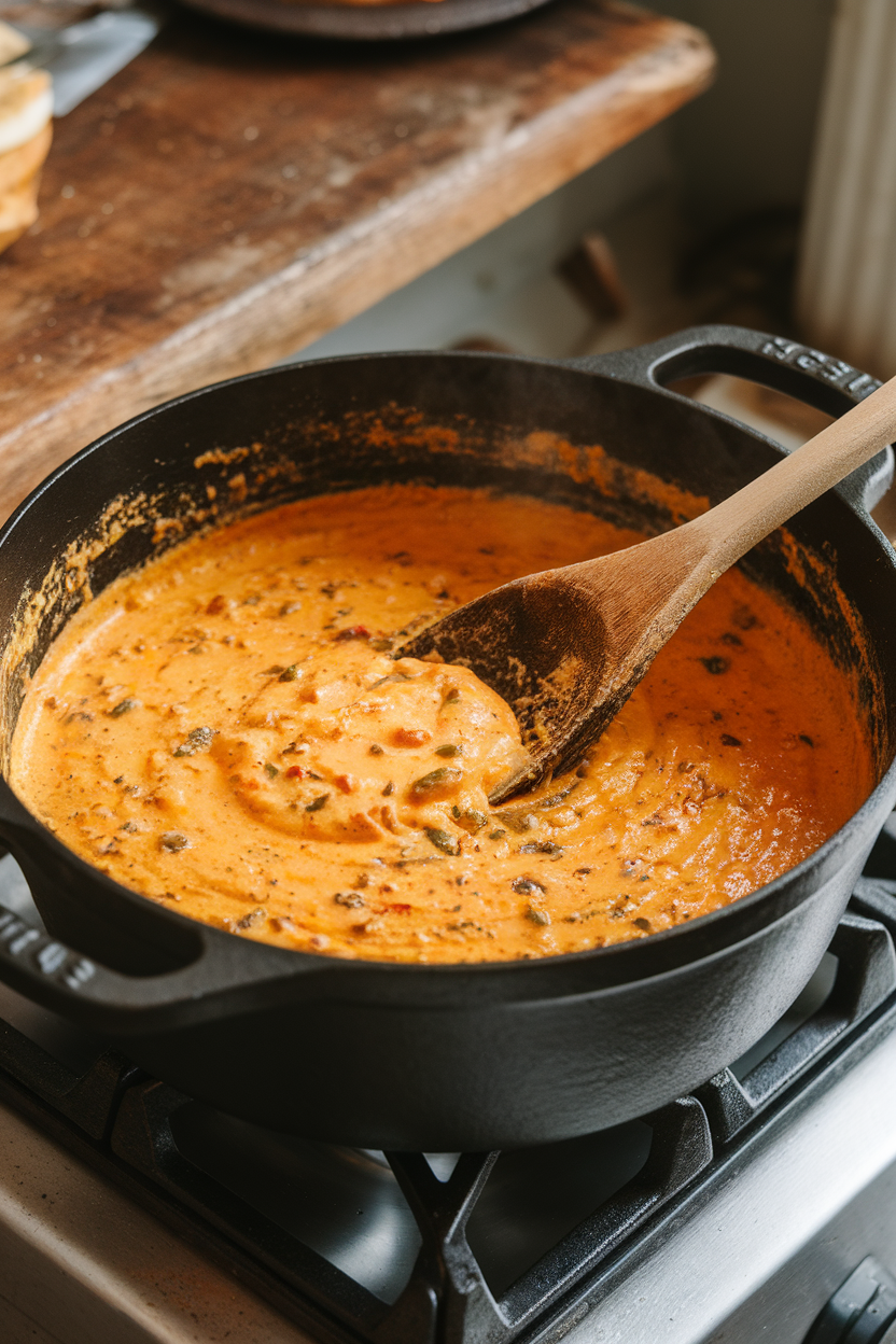 Indoor stovetop shot of a cast-iron pot bubbling with creamy queso dip speckled with green chilies. Photo, no text or logos.
