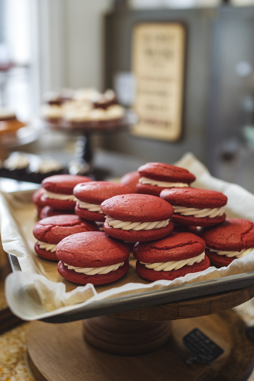 Indoor bakery tray lined with red velvet whoopie pies, cream cheese filling peeking out between the soft cakes. No text or logos.