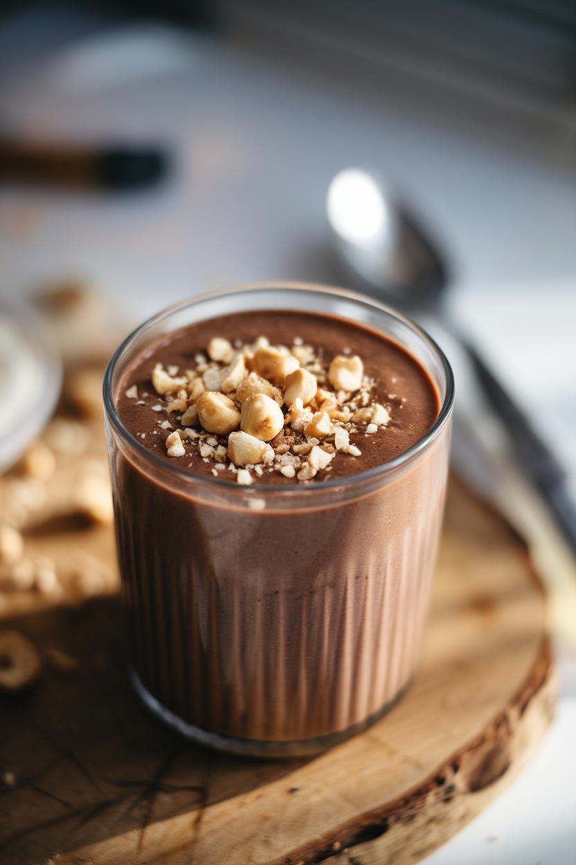 Indoor scene showing a glass of dark chocolate smoothie with crushed hazelnuts on top, soft morning light. No text or logos.