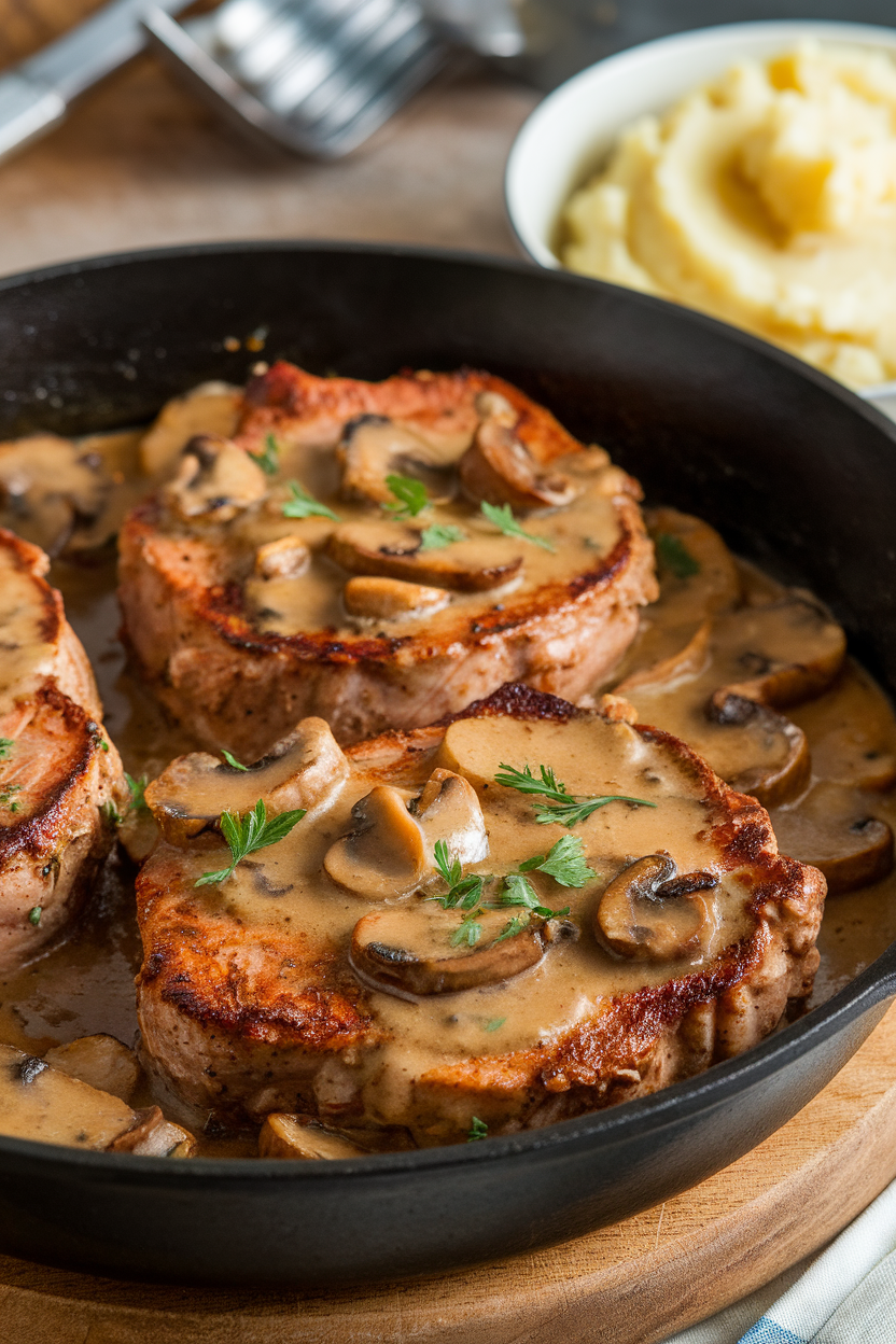 Indoor photo of skillet pork chops covered in onion-mushroom gravy, mashed potatoes in background, no text or logos. Photo only.