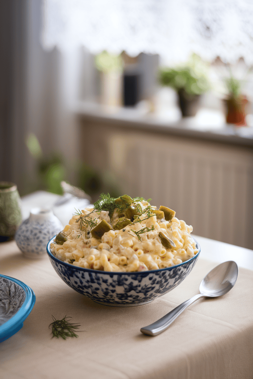 Indoor kitchen table featuring a bowl of creamy macaroni salad dotted with chopped dill pickles and fresh herbs. No text or logos visible. Photo, not illustration.