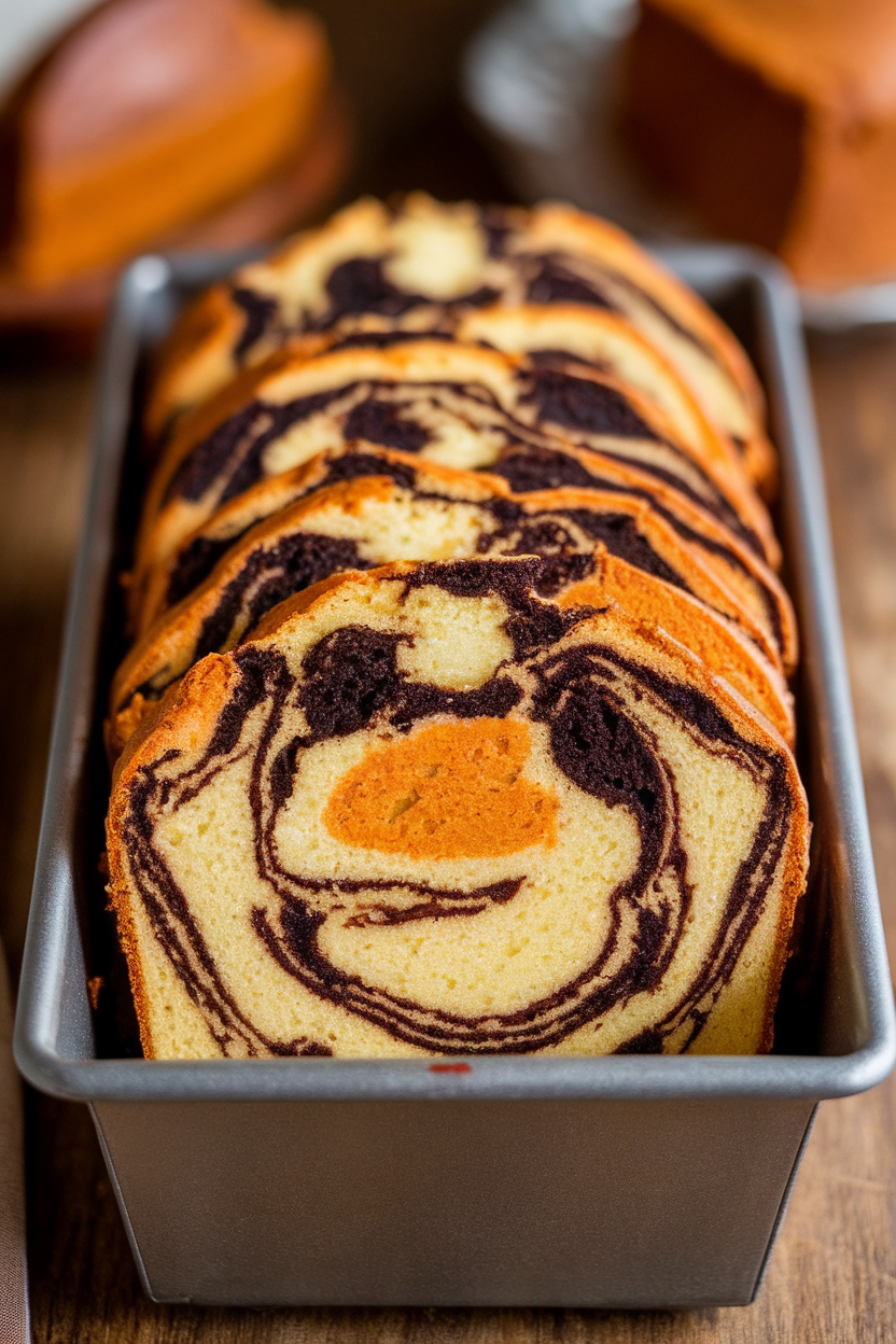 Photo of sliced marble pound cake showing orange and black swirls, indoor loaf pan display, no text or logos.