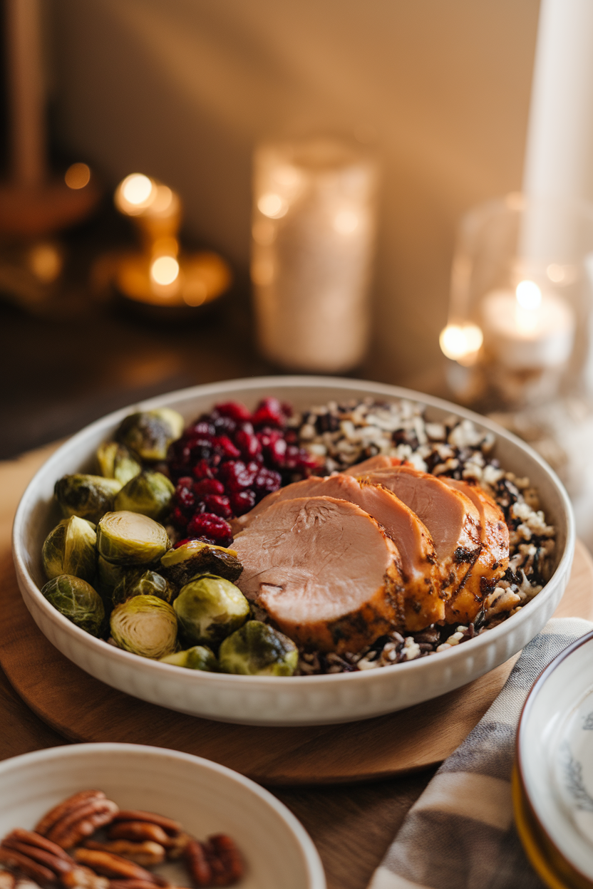 Photo of a warmly lit indoor table with a bowl of sliced herb-roasted turkey breast, wild rice blend, roasted Brussels sprouts, dried cranberries, and toasted pecans. No logos or text present.
