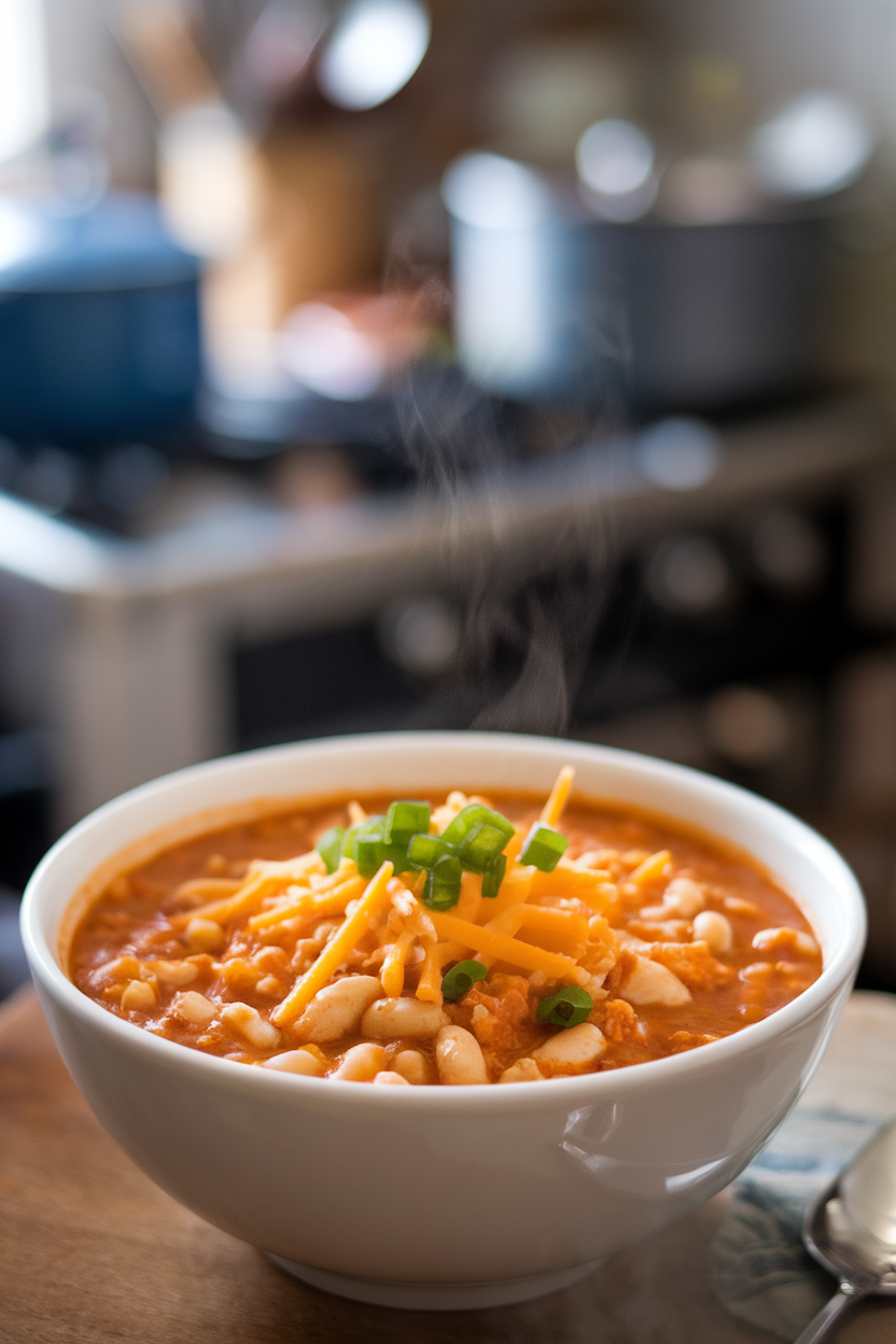 Indoor bowl of white bean chicken chili topped with shredded cheese and green onions, steam rising. No logos. Photo.