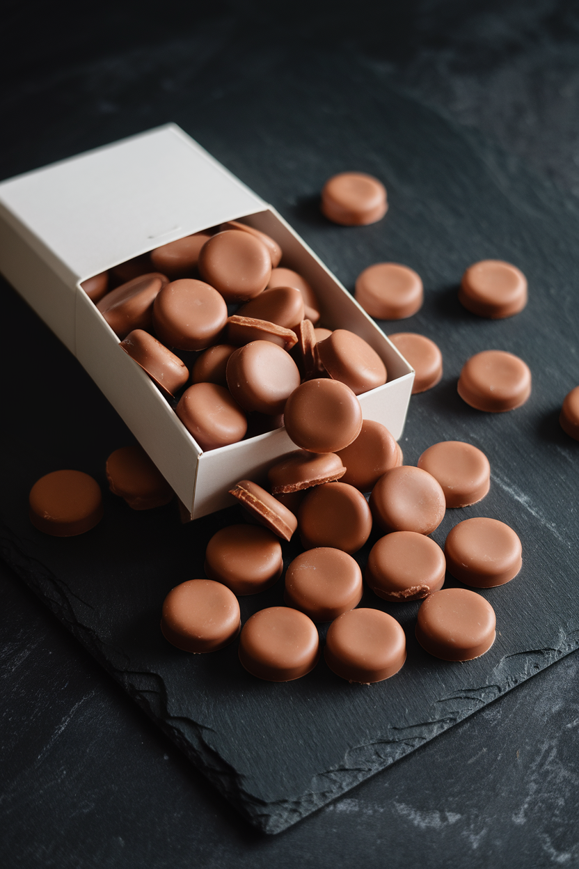 Photo of indoor black slate with caramel-filled chocolate disks tumbling out of an unbranded theater-style box, no text