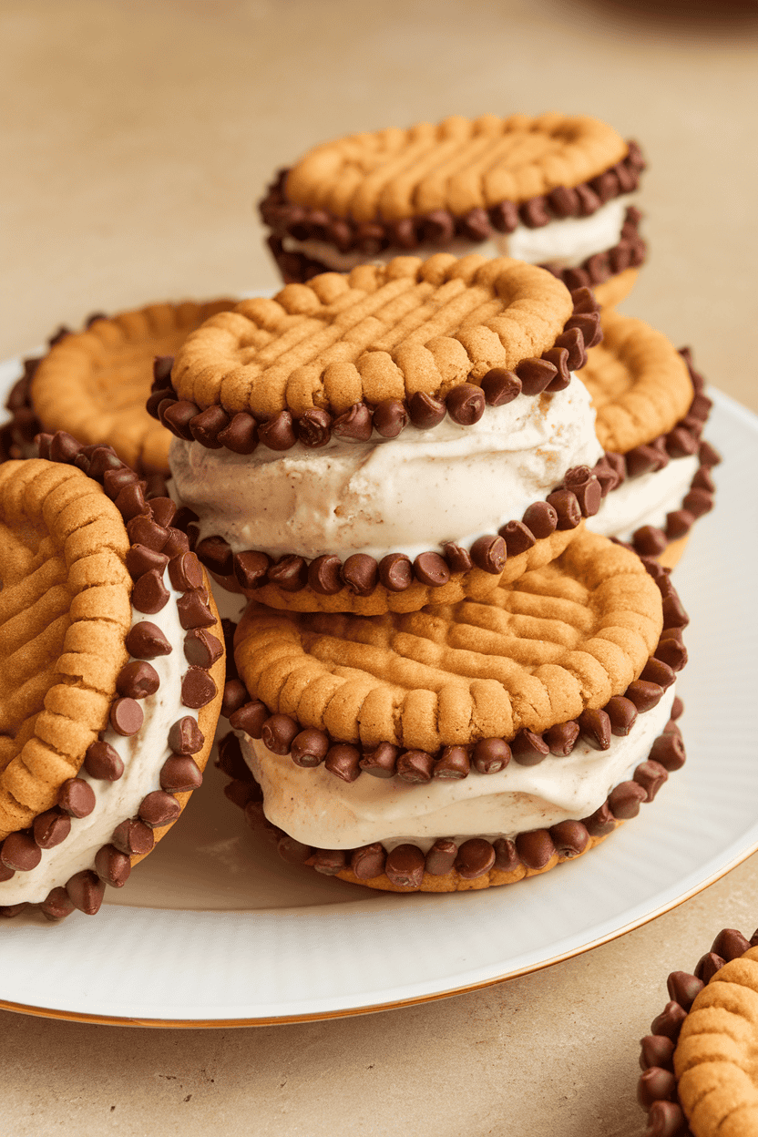 Indoor photo of peanut butter cookie sandwiches filled with vanilla ice cream, edges rolled in mini chocolate chips, no text or logos