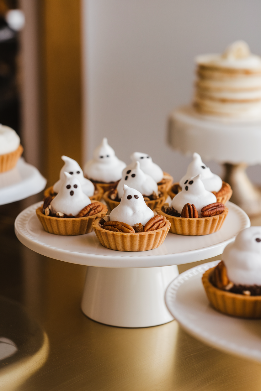 Photo of mini tart shells filled with maple pecan filling and topped with meringue ghosts, indoor bakery counter, no logos or text.