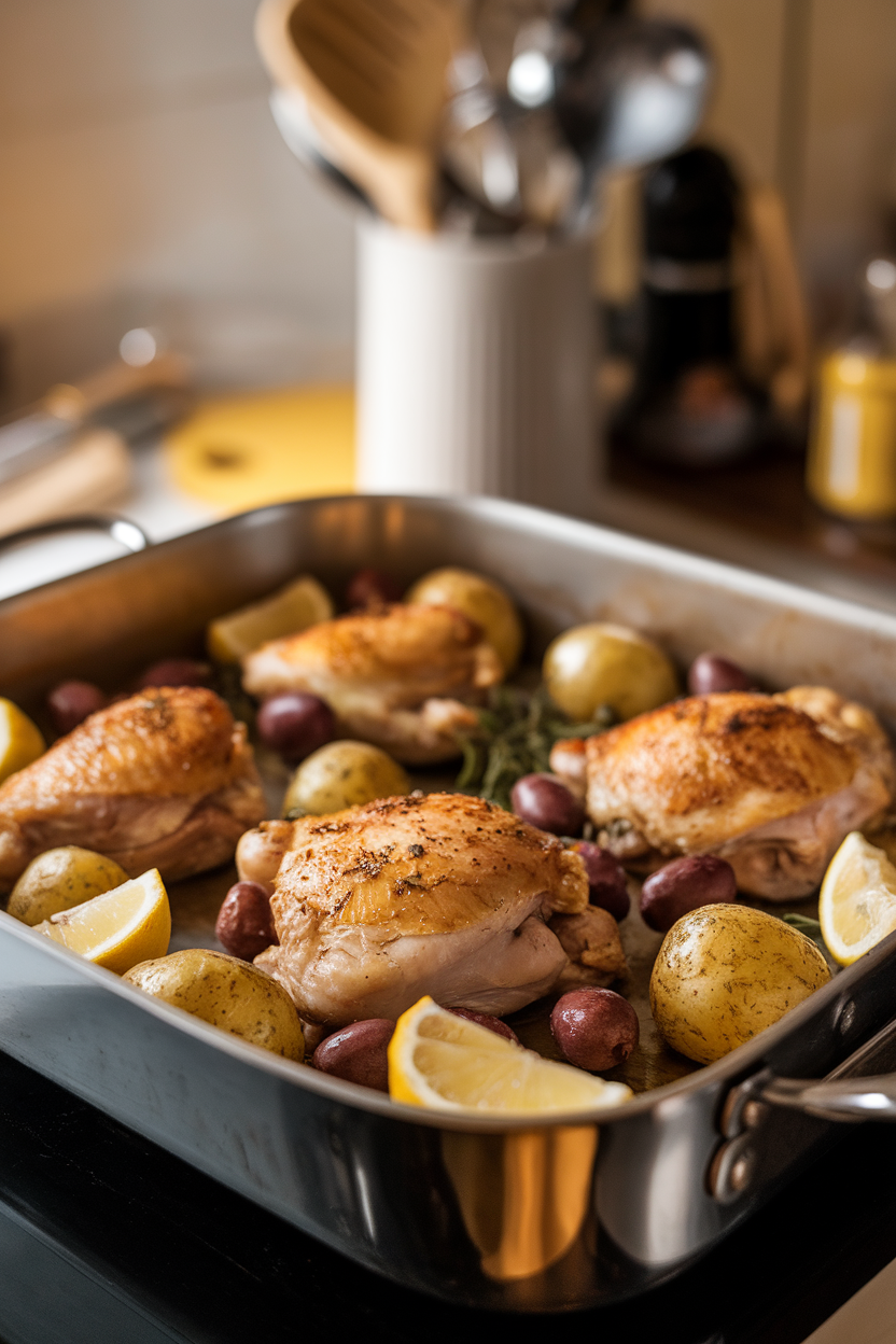 A roasting pan on an indoor counter with golden chicken thighs, lemon wedges, oregano-speckled potatoes, and olives. No text or logos.