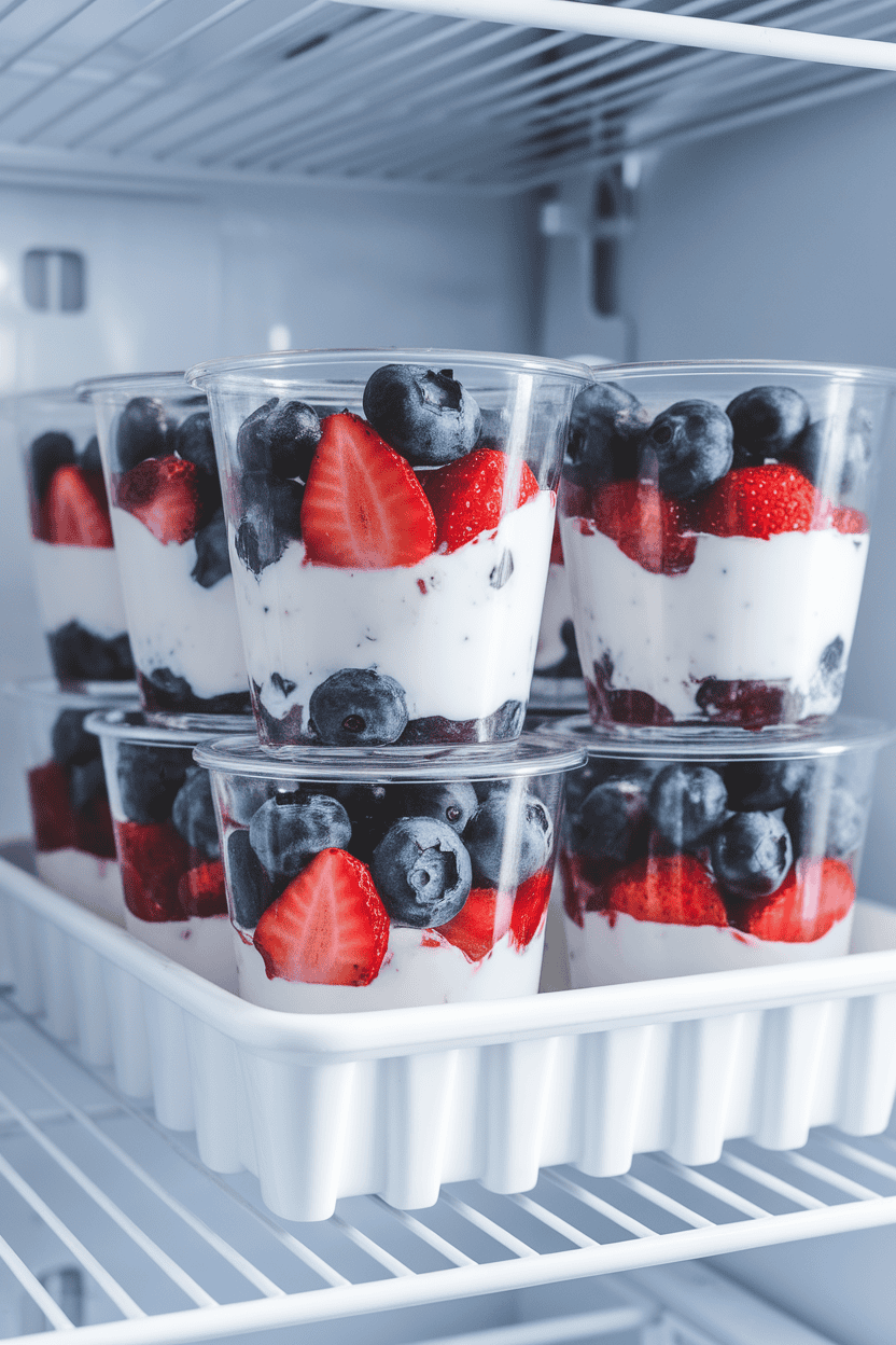 An indoor fridge shelf view showing clear cups layered with lactose-free Greek yogurt, blueberries, and strawberry slices—no logos anywhere. Photo only.