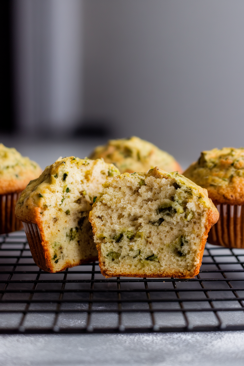 Photo of two zucchini muffins split open to reveal moist interiors with green flecks, shown indoors on a cooling rack. No text or logos visible.