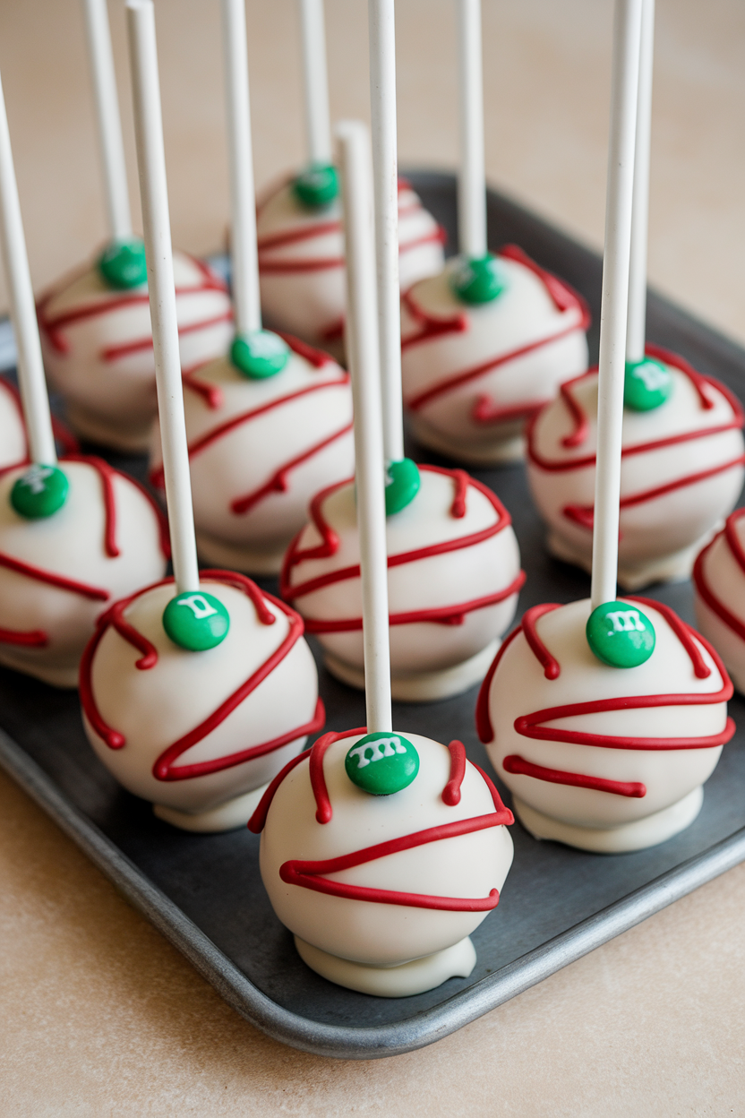 Indoor tray of round cake pops coated in white chocolate, red candy drizzle “veins,” and green M&M irises. No text or logos.