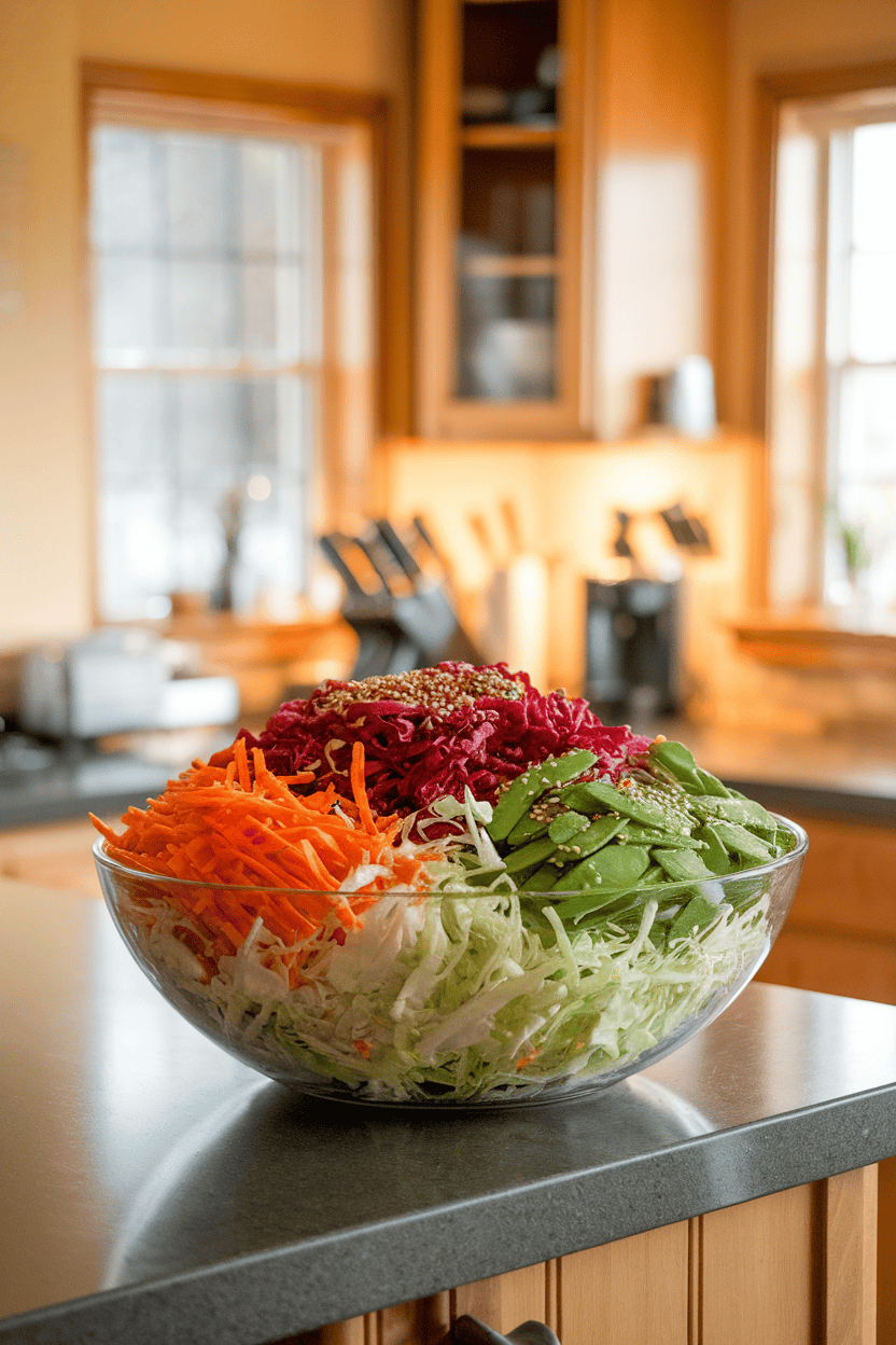 An indoor kitchen island featuring a large salad bowl of shredded red and green cabbage, julienned carrots, and sliced snow peas, sprinkled with sesame seeds; warm lighting, no logos. Photo only.