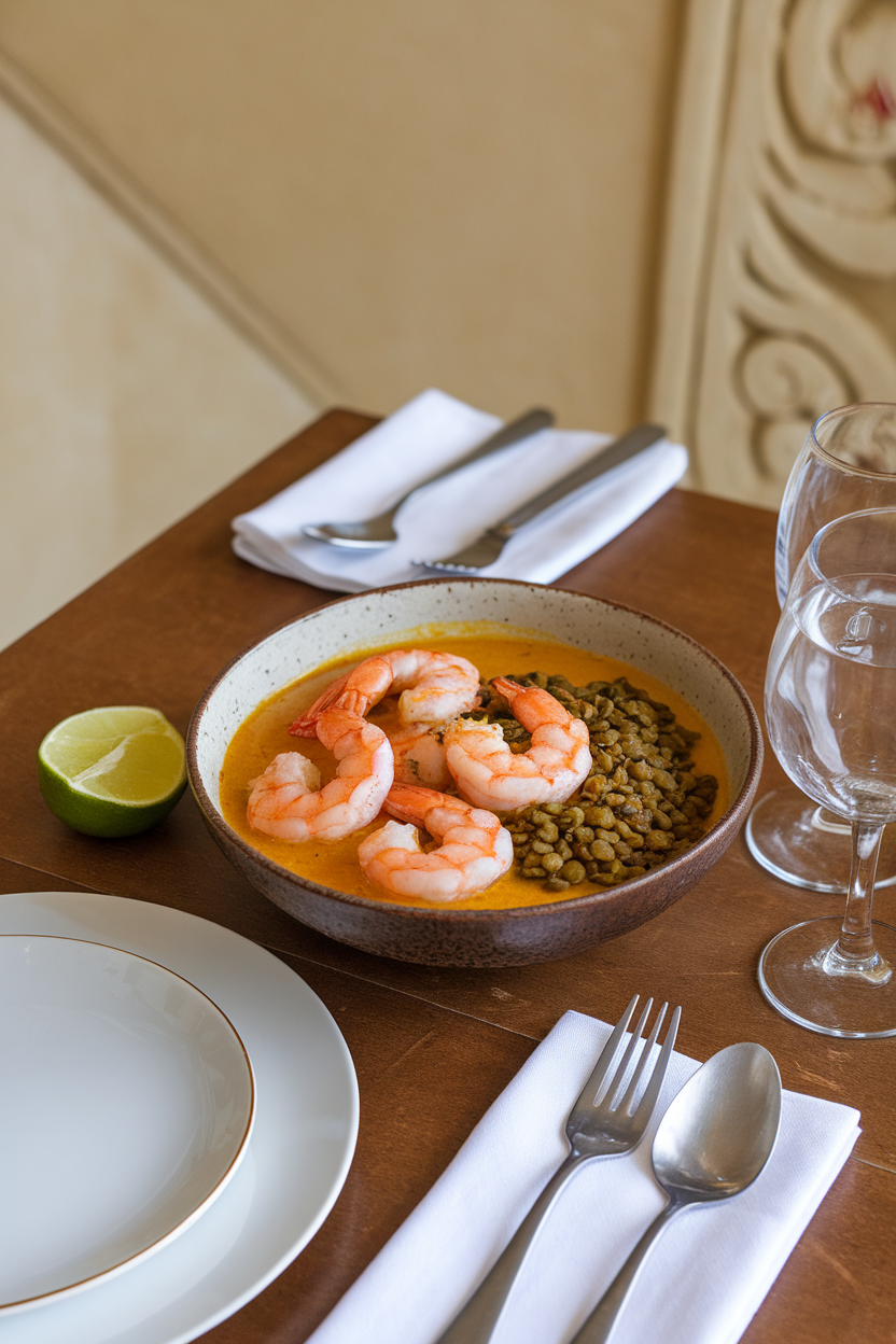 An indoor dinner table with a bowl of golden coconut curry containing cooked shrimp and green lentils, lime wedge on side. No text or logos; photo only.